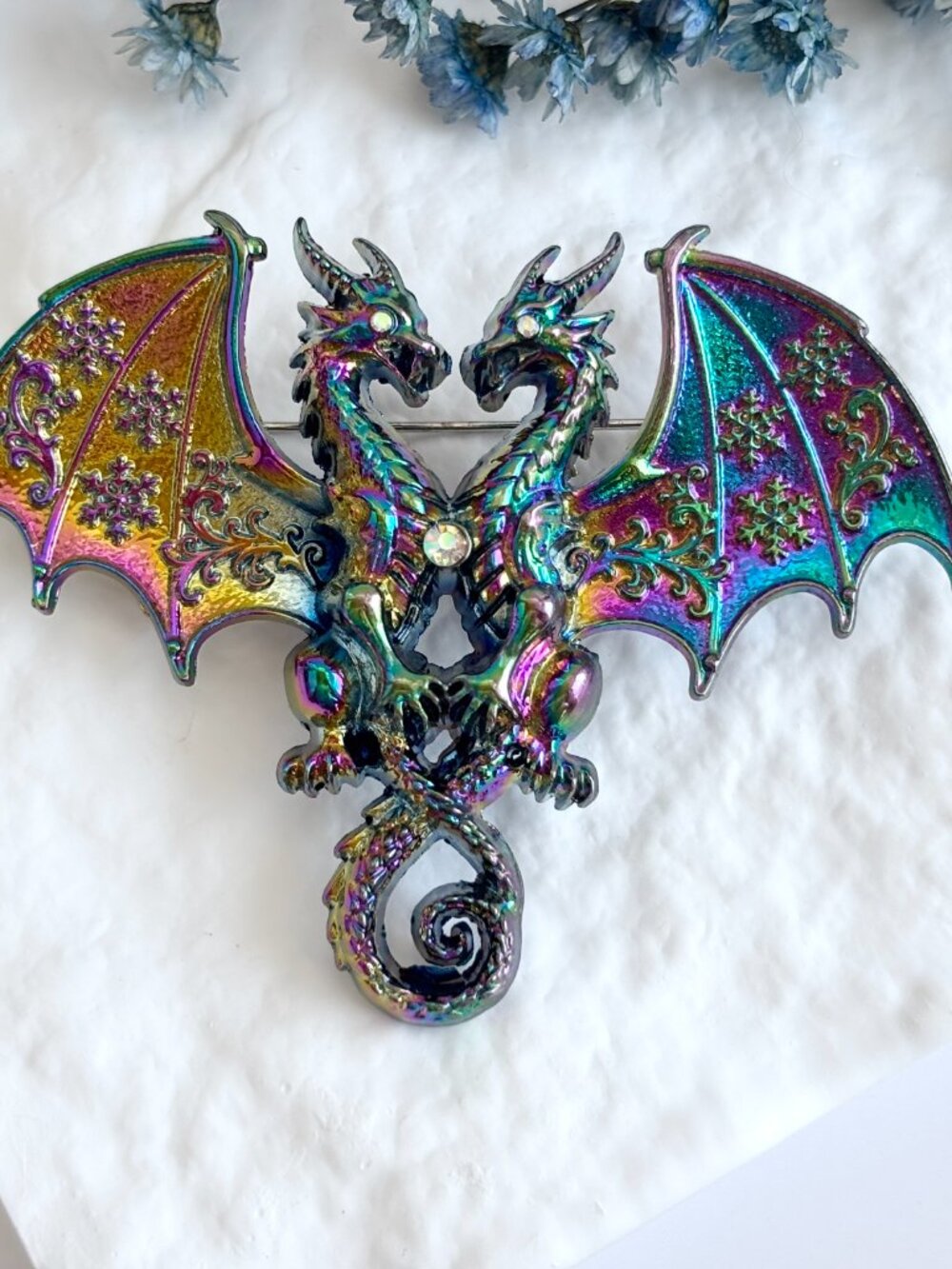 Iridescent Twin Dragon Figural Rhinestone Accented Vintage Inspired Brooch Pin - Picture 8 of 16